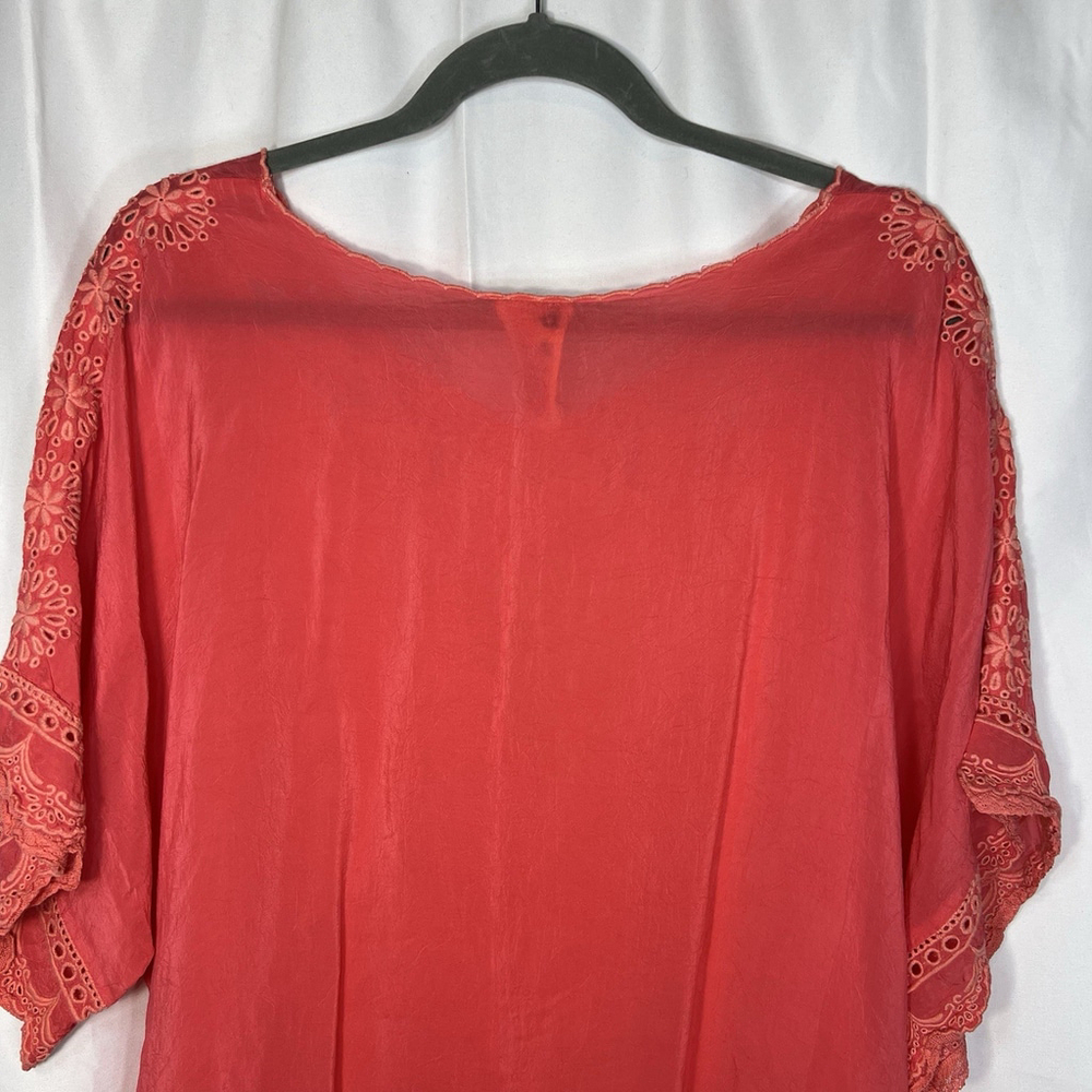 Johnny Was Women’s Embroidered Floral Blouse Coral Short Sleeves M Semi-Sheer - Picture 5 of 12